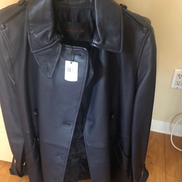 COACH navy blue leather short trench jacket - Picture 3 of 4